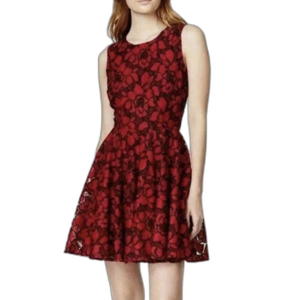 Maison Jules Red Black Lace A-Line Mini Dress Women's Size Medium